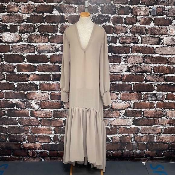 Rosche Dress Tan Maxi Long Sleeves V-Neck Pleated Semi Sheer Size Large Brown - Picture 5 of 13